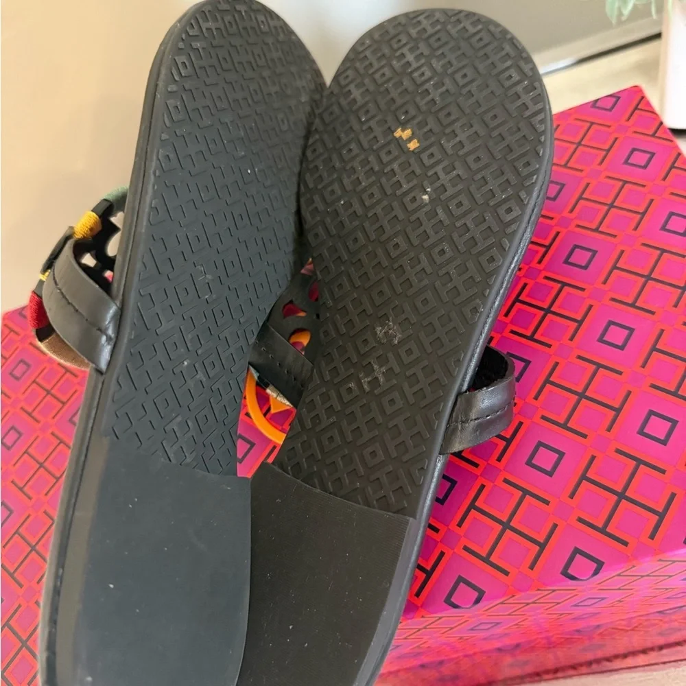 Tory Burch Embroidered Miller Sandals - Black Multi - Size 9.5